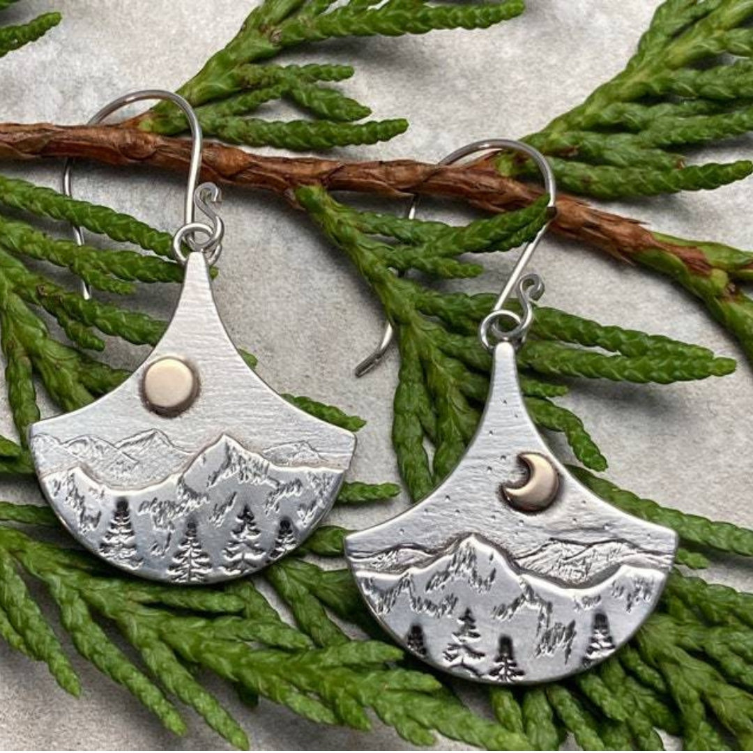 Boho saulė ir mėnulis Natura sidabro auskarai