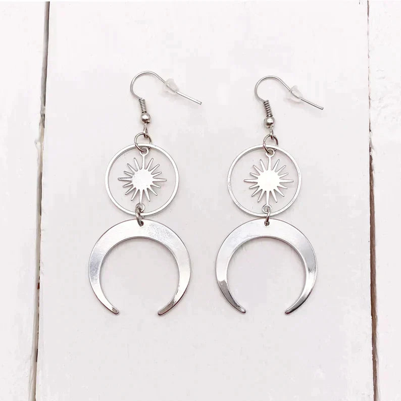 Stainless Steel Half Moon Crescent Earrings and Solar Talisman